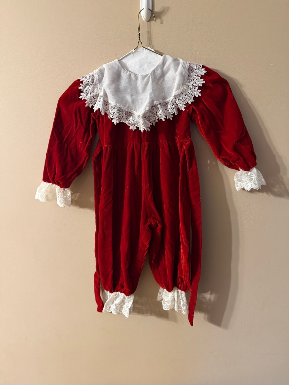 Vintage 1990s Red Velvet Lace-Trim jumper 24 mos Dimples brand.